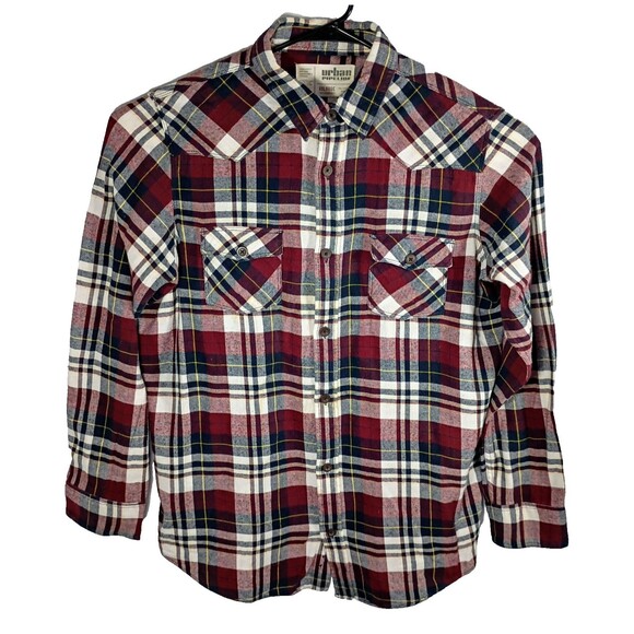Urban Pipeline Flannel Button Up Plaid Shirt Size XXL Western Yokes Maroon Navy - Picture 1 of 7